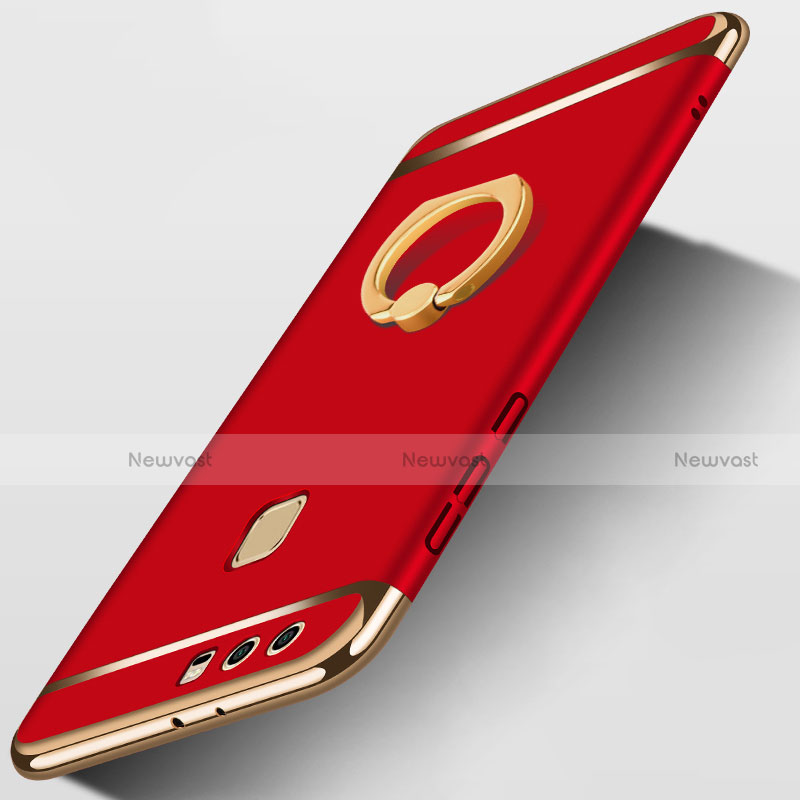 Luxury Metal Frame and Plastic Back Cover with Finger Ring Stand A03 for Huawei P9 Plus Red