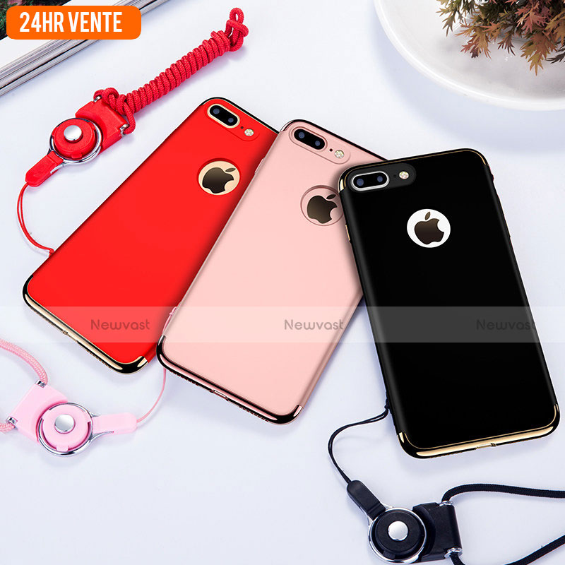 Luxury Metal Frame and Plastic Back Cover with Finger Ring Stand and Lanyard for Apple iPhone 7 Plus