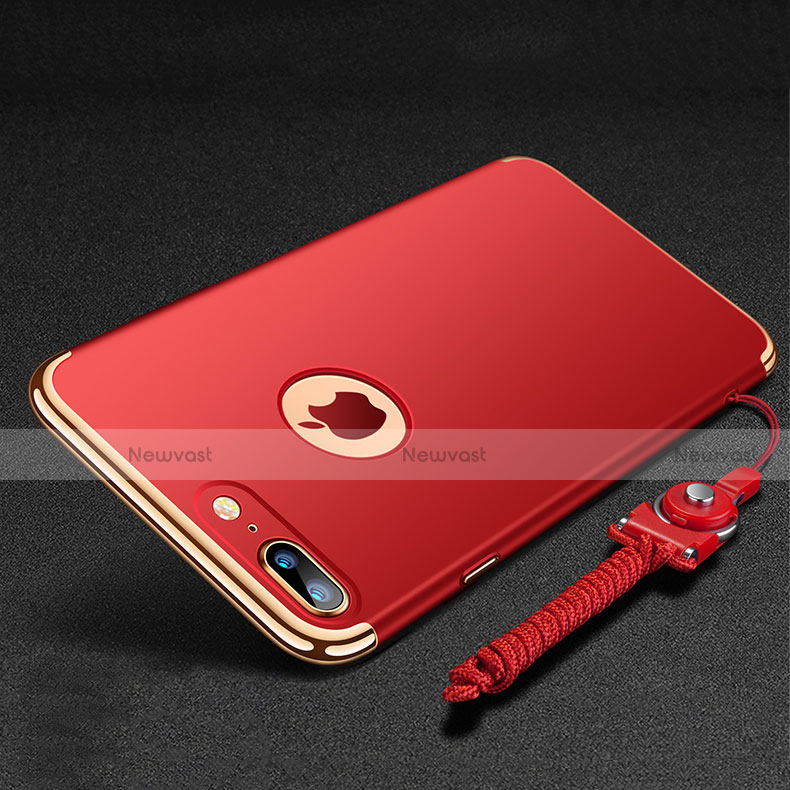 Luxury Metal Frame and Plastic Back Cover with Finger Ring Stand and Lanyard for Apple iPhone 7 Plus Red