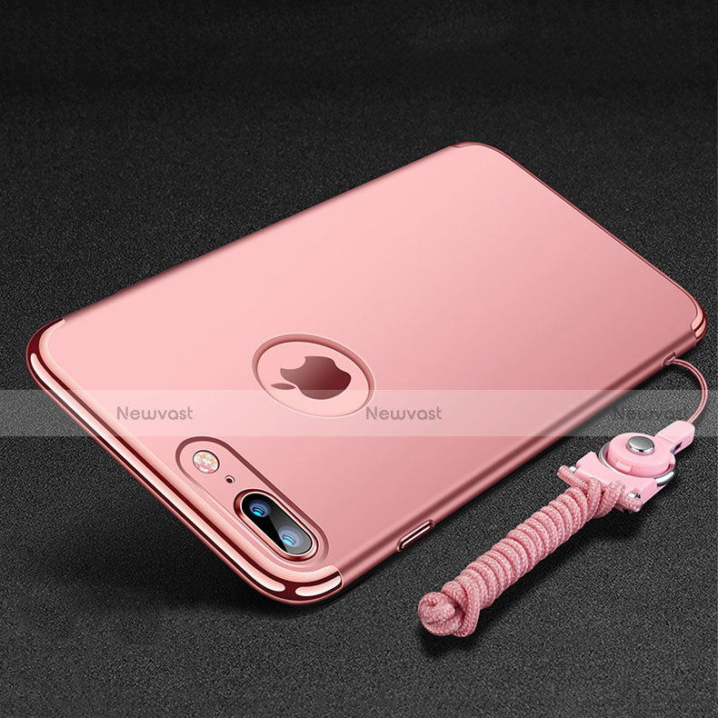 Luxury Metal Frame and Plastic Back Cover with Finger Ring Stand and Lanyard for Apple iPhone 7 Plus Rose Gold