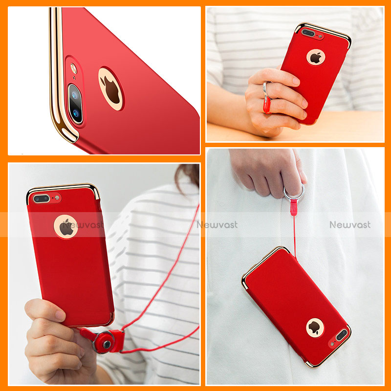 Luxury Metal Frame and Plastic Back Cover with Finger Ring Stand and Lanyard for Apple iPhone 8 Plus