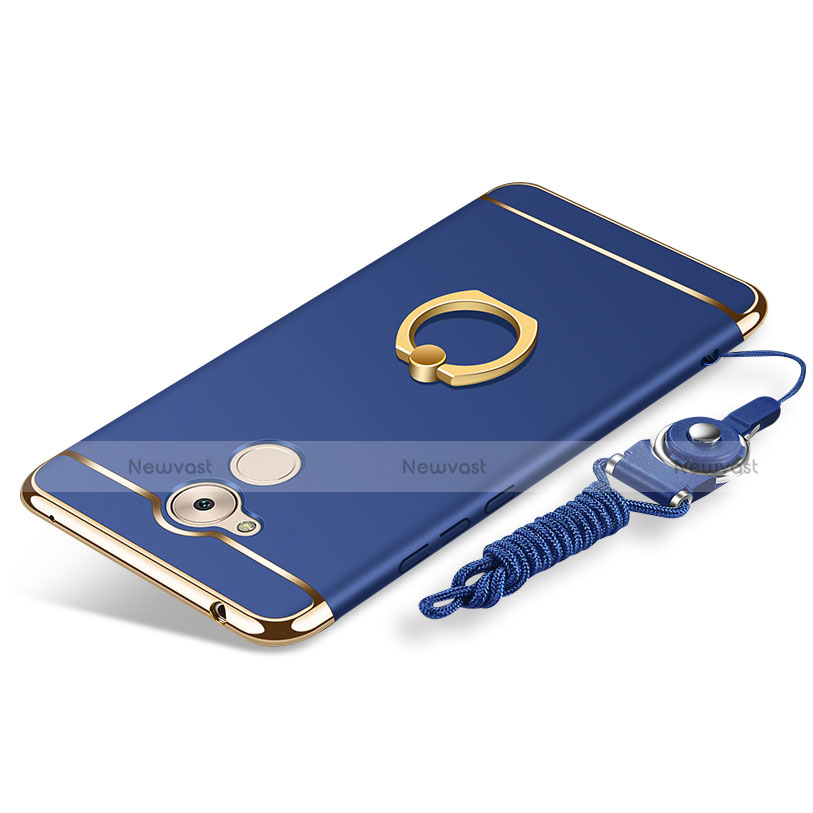 Luxury Metal Frame and Plastic Back Cover with Finger Ring Stand and Lanyard for Huawei Enjoy 6S Blue