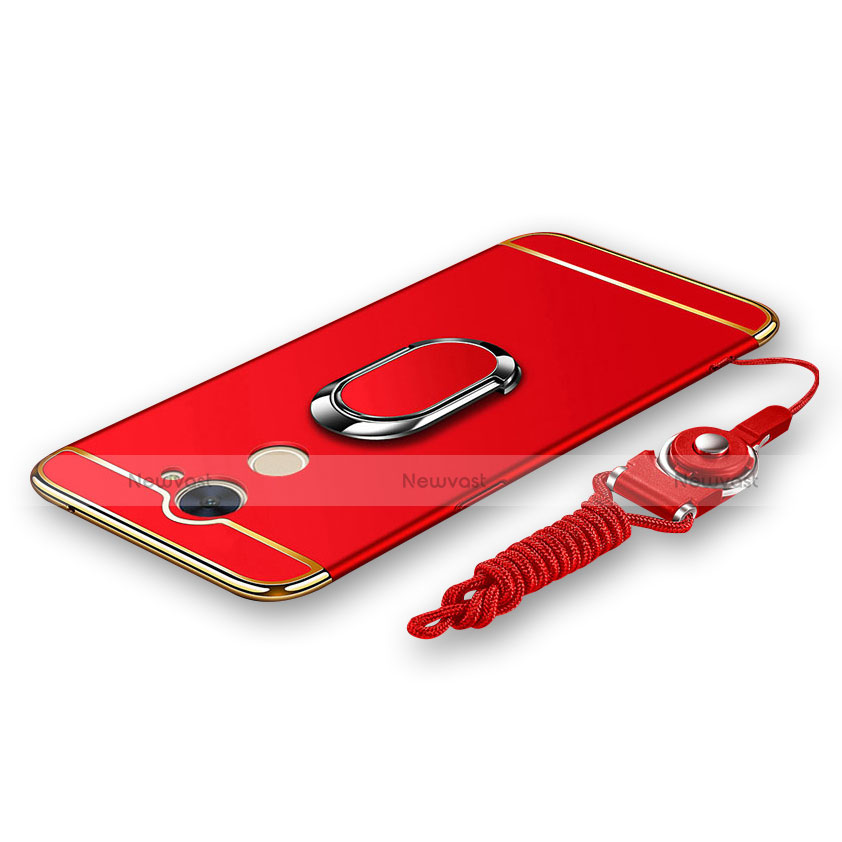 Luxury Metal Frame and Plastic Back Cover with Finger Ring Stand and Lanyard for Huawei Enjoy 7 Plus Red