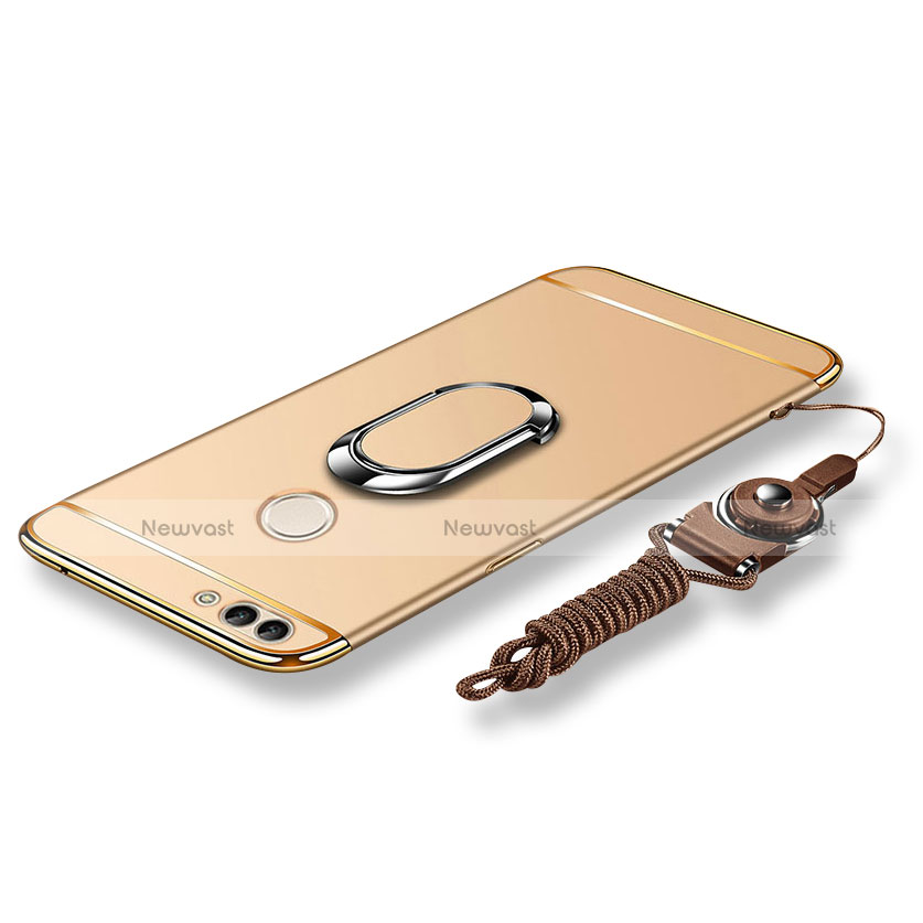 Luxury Metal Frame and Plastic Back Cover with Finger Ring Stand and Lanyard for Huawei Enjoy 7S Gold