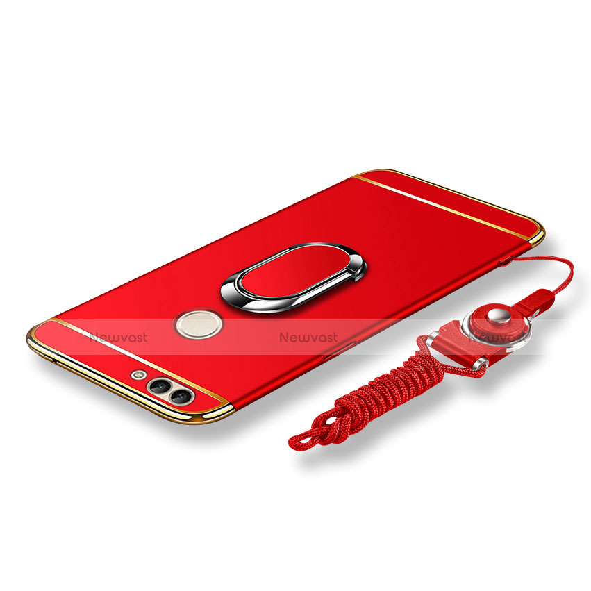 Luxury Metal Frame and Plastic Back Cover with Finger Ring Stand and Lanyard for Huawei Enjoy 7S Red