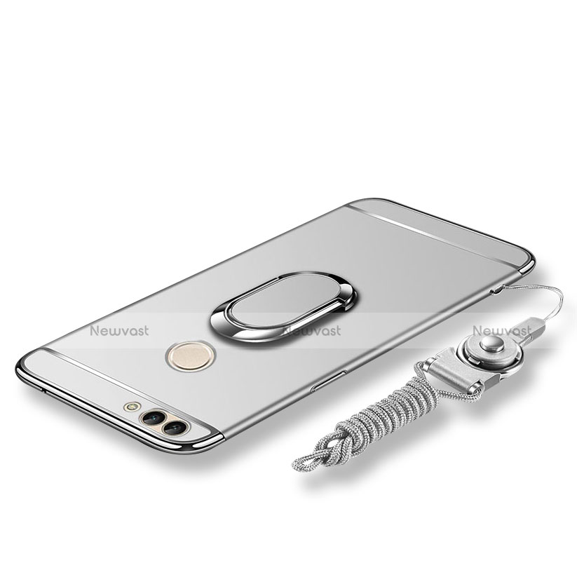 Luxury Metal Frame and Plastic Back Cover with Finger Ring Stand and Lanyard for Huawei Enjoy 7S Silver