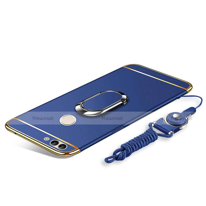 Luxury Metal Frame and Plastic Back Cover with Finger Ring Stand and Lanyard for Huawei Enjoy 8 Plus Blue