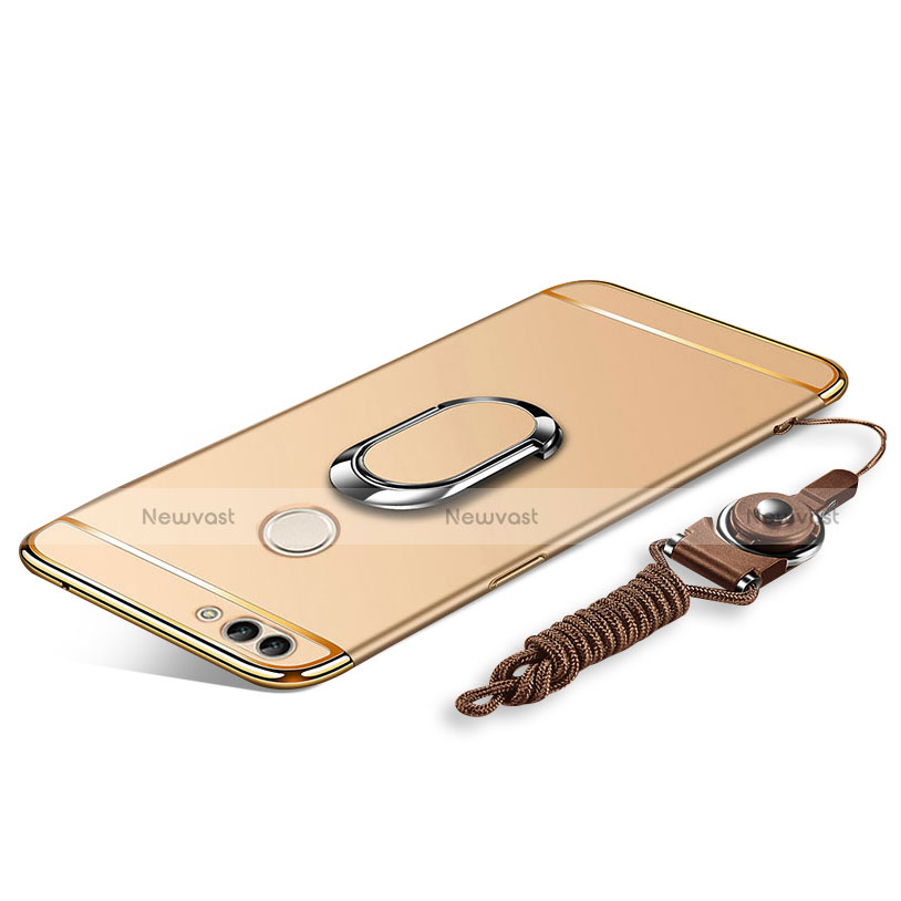 Luxury Metal Frame and Plastic Back Cover with Finger Ring Stand and Lanyard for Huawei Enjoy 8 Plus Gold