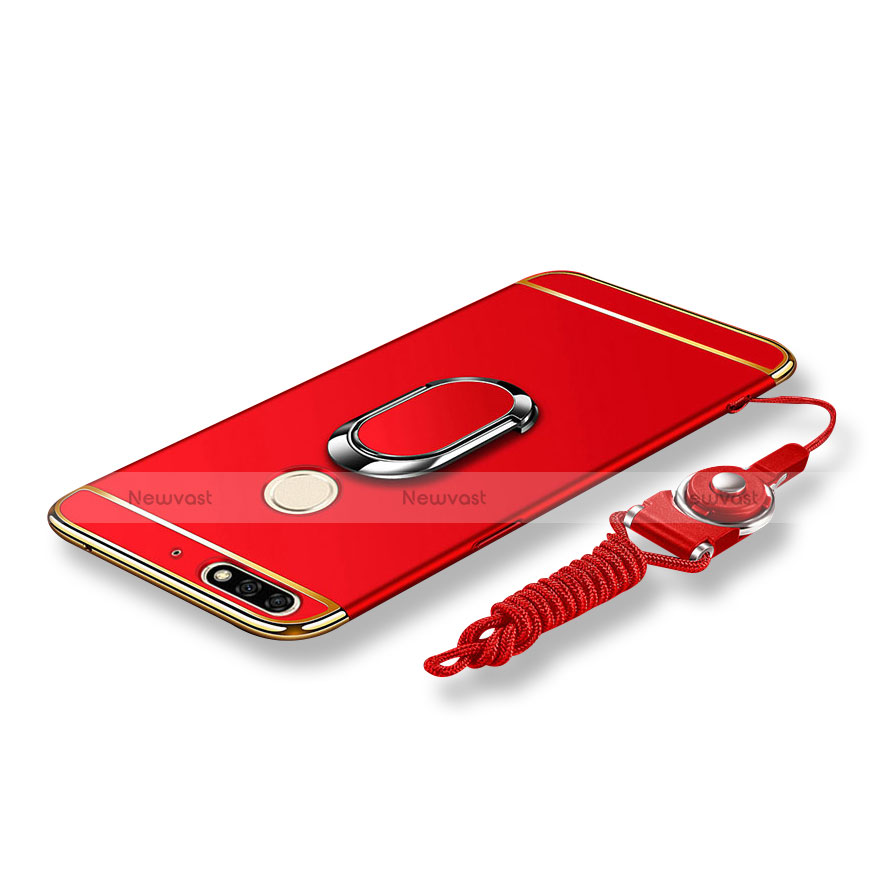 Luxury Metal Frame and Plastic Back Cover with Finger Ring Stand and Lanyard for Huawei Enjoy 8 Red