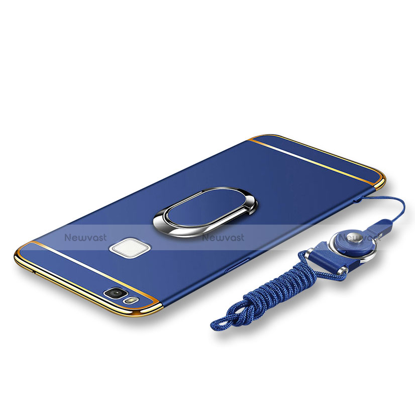 Luxury Metal Frame and Plastic Back Cover with Finger Ring Stand and Lanyard for Huawei G9 Lite Blue