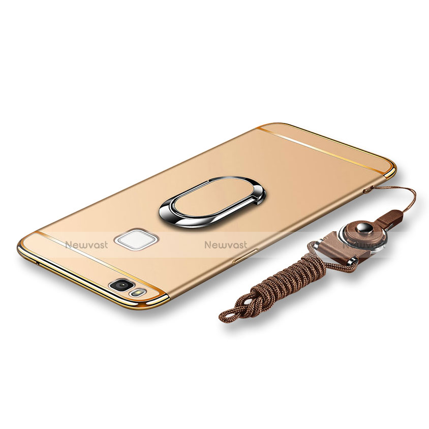 Luxury Metal Frame and Plastic Back Cover with Finger Ring Stand and Lanyard for Huawei G9 Lite Gold