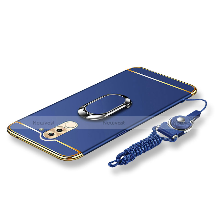 Luxury Metal Frame and Plastic Back Cover with Finger Ring Stand and Lanyard for Huawei GR5 (2017) Blue