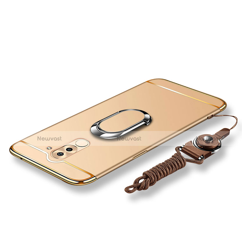 Luxury Metal Frame and Plastic Back Cover with Finger Ring Stand and Lanyard for Huawei GR5 (2017) Gold