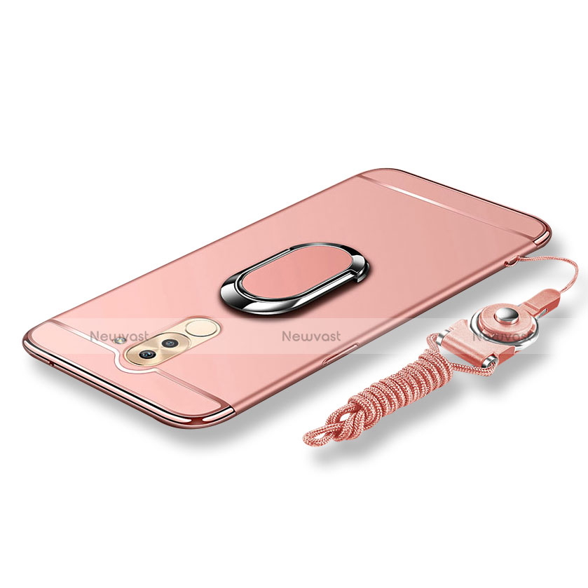 Luxury Metal Frame and Plastic Back Cover with Finger Ring Stand and Lanyard for Huawei GR5 (2017) Rose Gold