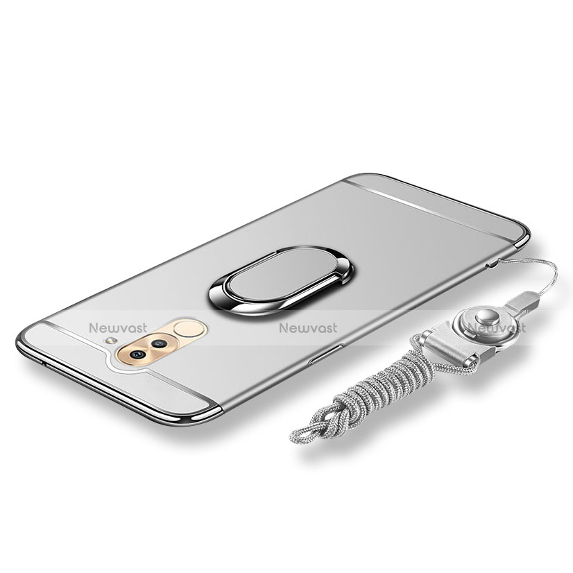 Luxury Metal Frame and Plastic Back Cover with Finger Ring Stand and Lanyard for Huawei GR5 (2017) Silver