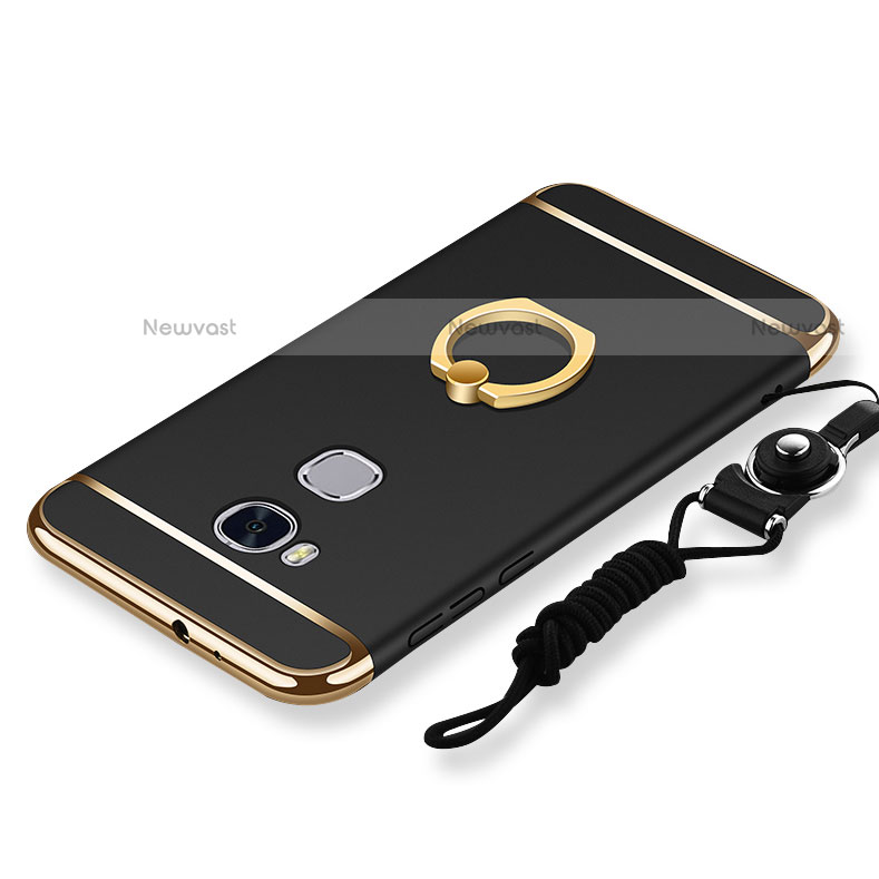 Luxury Metal Frame and Plastic Back Cover with Finger Ring Stand and Lanyard for Huawei Honor 5X Black