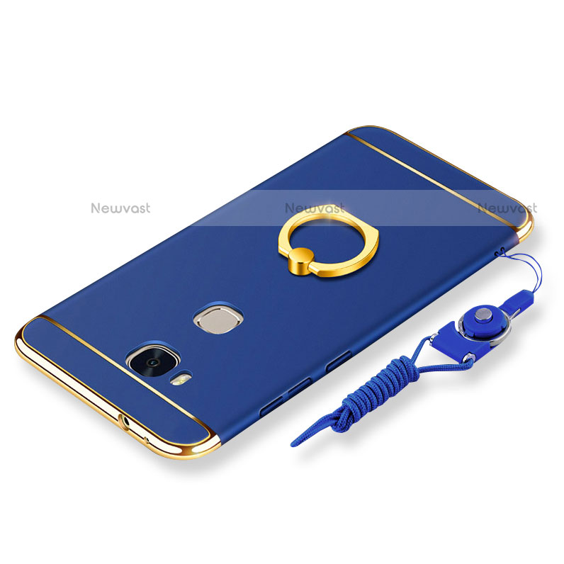 Luxury Metal Frame and Plastic Back Cover with Finger Ring Stand and Lanyard for Huawei Honor 5X Blue