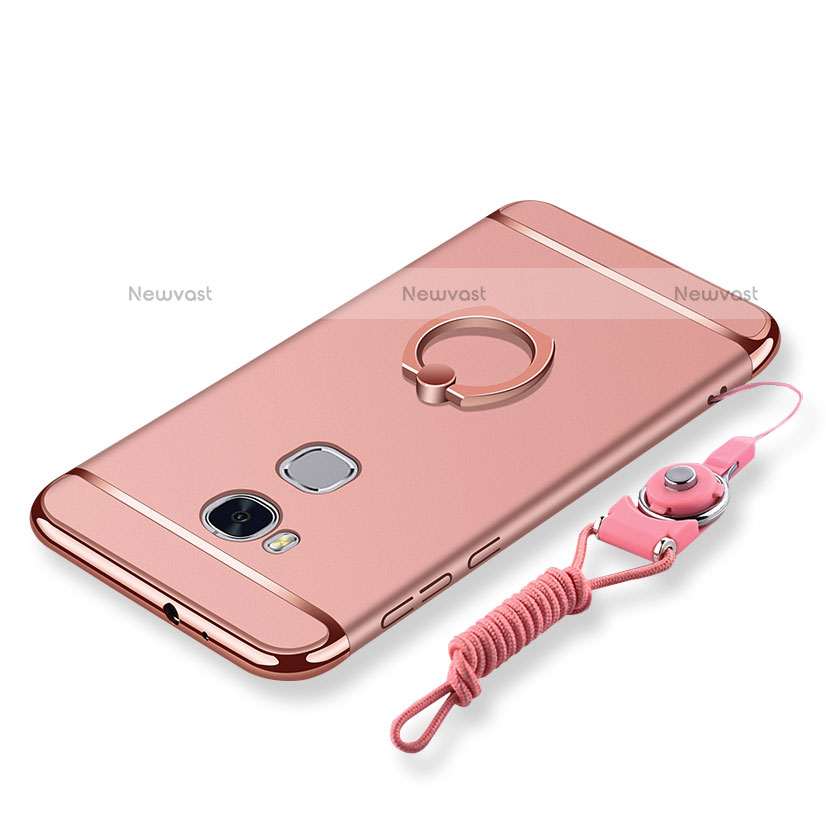 Luxury Metal Frame and Plastic Back Cover with Finger Ring Stand and Lanyard for Huawei Honor 5X Rose Gold