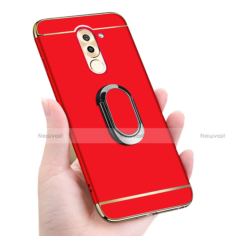 Luxury Metal Frame and Plastic Back Cover with Finger Ring Stand and Lanyard for Huawei Honor 6X