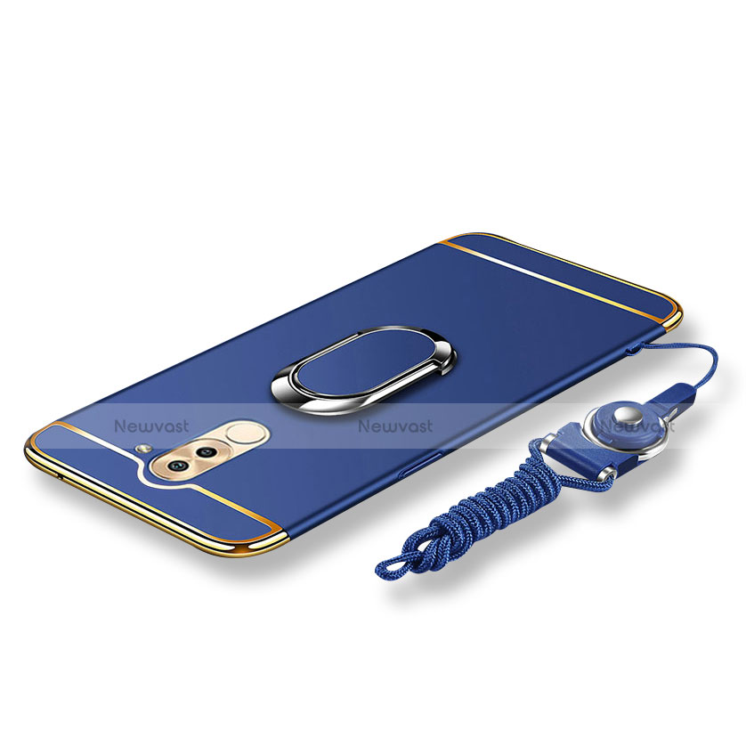 Luxury Metal Frame and Plastic Back Cover with Finger Ring Stand and Lanyard for Huawei Honor 6X Blue