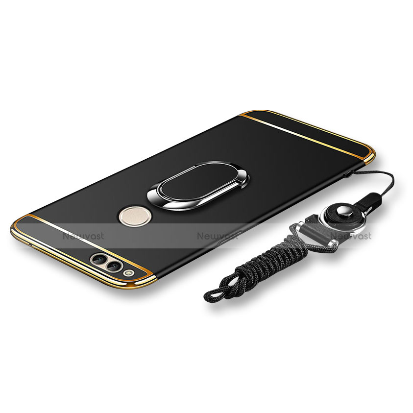 Luxury Metal Frame and Plastic Back Cover with Finger Ring Stand and Lanyard for Huawei Honor 7X Black