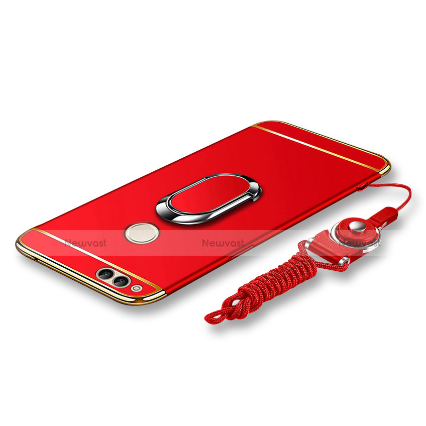 Luxury Metal Frame and Plastic Back Cover with Finger Ring Stand and Lanyard for Huawei Honor 7X Red