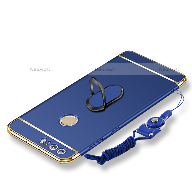 Luxury Metal Frame and Plastic Back Cover with Finger Ring Stand and Lanyard for Huawei Honor 8 Blue