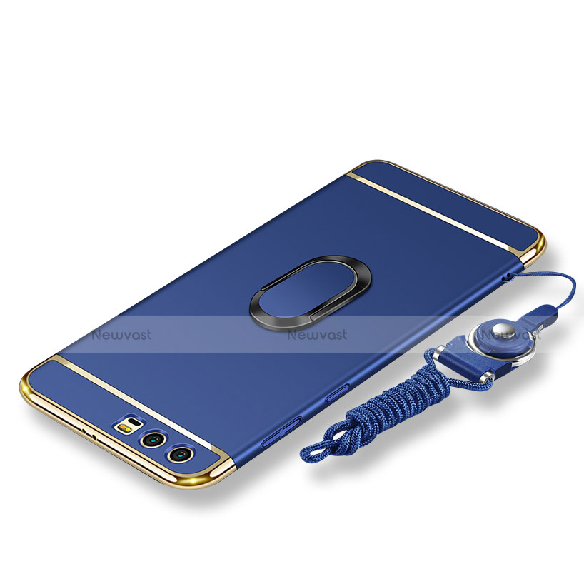 Luxury Metal Frame and Plastic Back Cover with Finger Ring Stand and Lanyard for Huawei Honor 9 Premium Blue