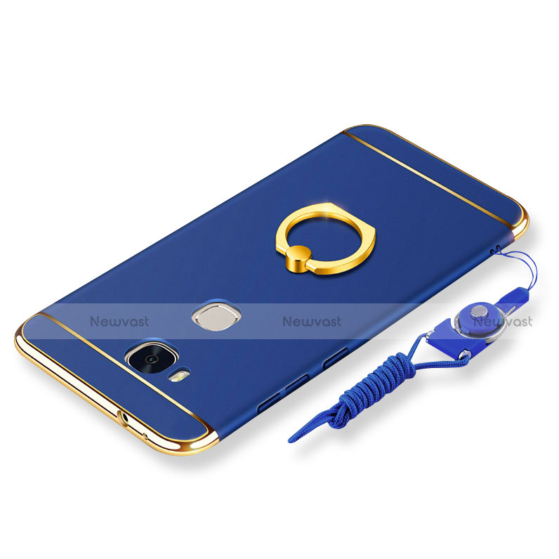 Luxury Metal Frame and Plastic Back Cover with Finger Ring Stand and Lanyard for Huawei Honor Play 5X Blue