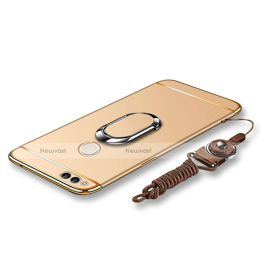 Luxury Metal Frame and Plastic Back Cover with Finger Ring Stand and Lanyard for Huawei Honor Play 7X Gold