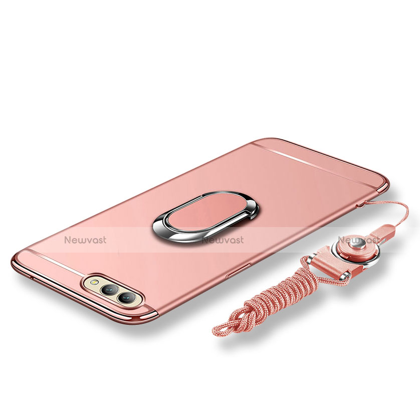 Luxury Metal Frame and Plastic Back Cover with Finger Ring Stand and Lanyard for Huawei Honor V10 Rose Gold