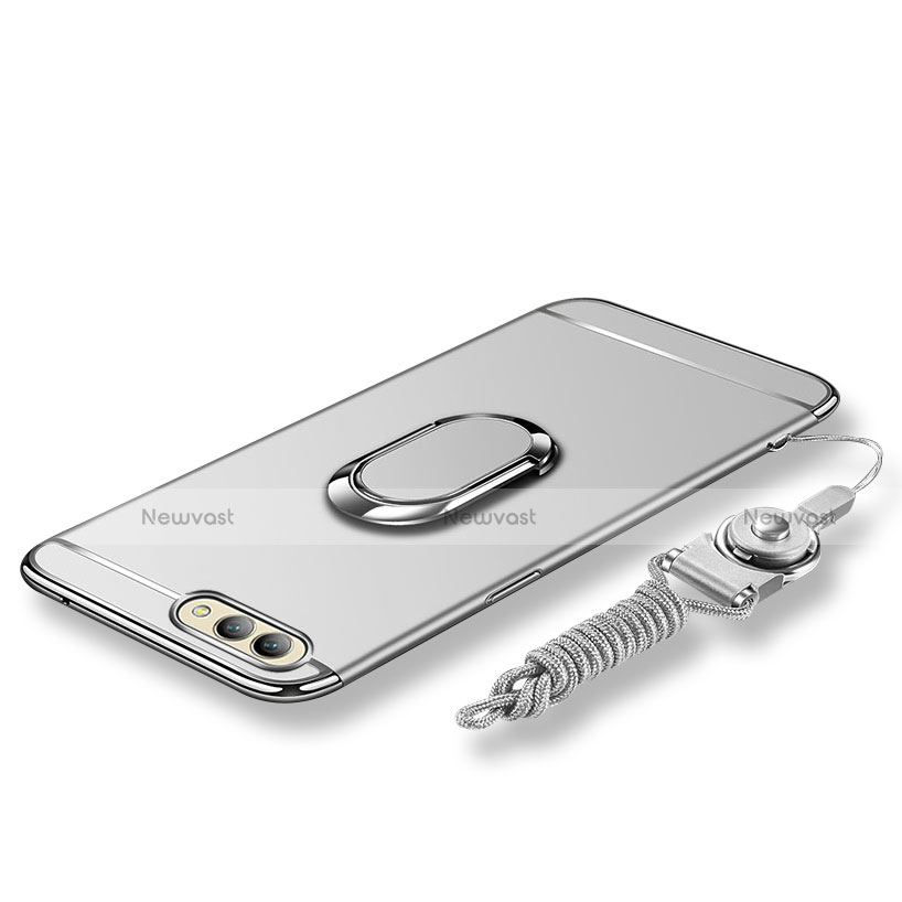 Luxury Metal Frame and Plastic Back Cover with Finger Ring Stand and Lanyard for Huawei Honor V10 Silver