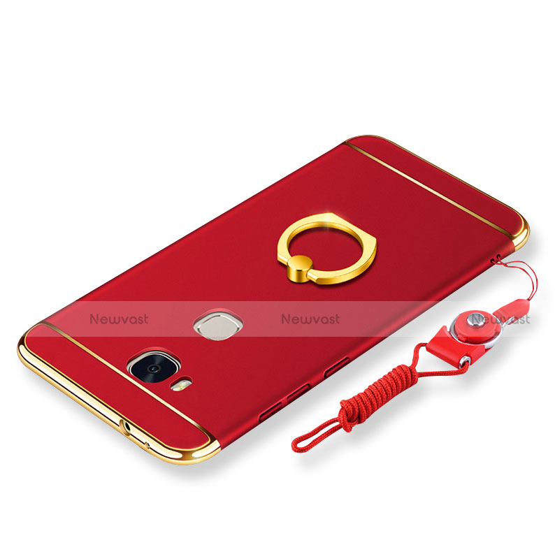 Luxury Metal Frame and Plastic Back Cover with Finger Ring Stand and Lanyard for Huawei Honor X5 Red