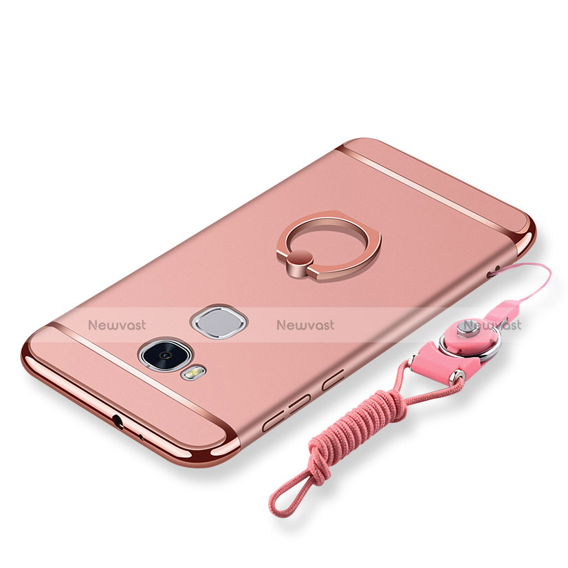 Luxury Metal Frame and Plastic Back Cover with Finger Ring Stand and Lanyard for Huawei Honor X5 Rose Gold