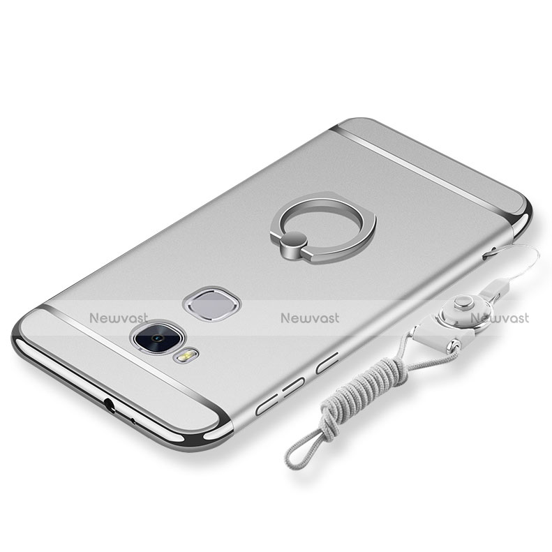 Luxury Metal Frame and Plastic Back Cover with Finger Ring Stand and Lanyard for Huawei Honor X5 Silver