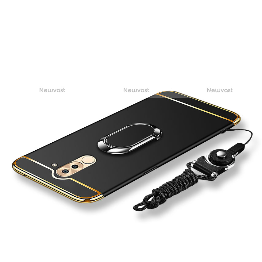 Luxury Metal Frame and Plastic Back Cover with Finger Ring Stand and Lanyard for Huawei Mate 9 Lite Black