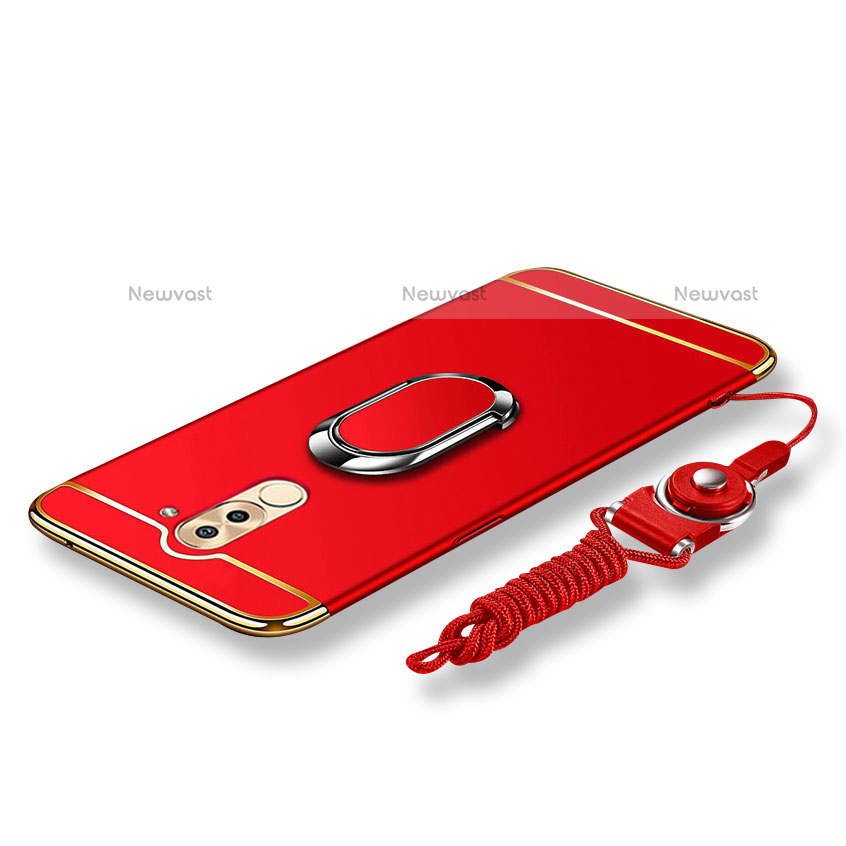 Luxury Metal Frame and Plastic Back Cover with Finger Ring Stand and Lanyard for Huawei Mate 9 Lite Red