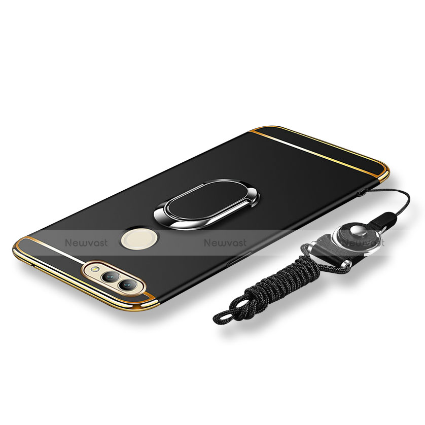 Luxury Metal Frame and Plastic Back Cover with Finger Ring Stand and Lanyard for Huawei Nova 2 Black