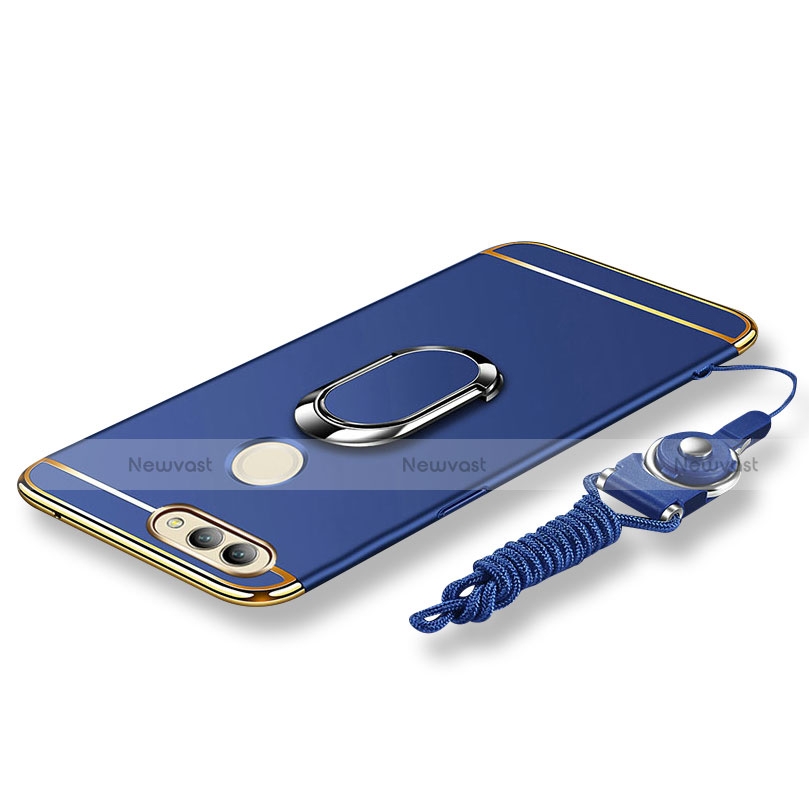 Luxury Metal Frame and Plastic Back Cover with Finger Ring Stand and Lanyard for Huawei Nova 2 Blue