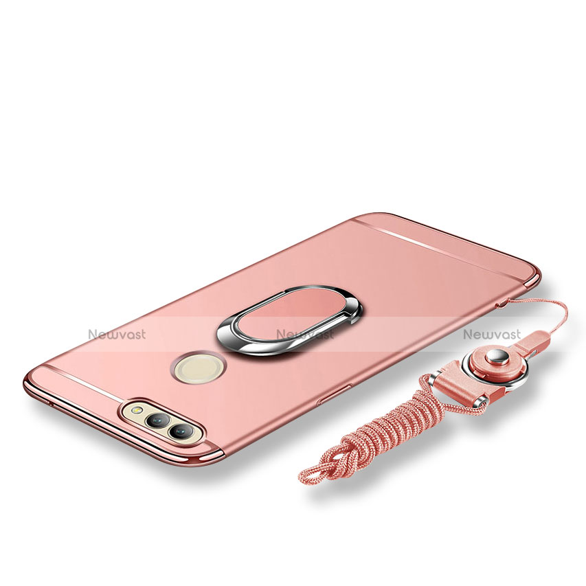 Luxury Metal Frame and Plastic Back Cover with Finger Ring Stand and Lanyard for Huawei Nova 2 Plus Rose Gold