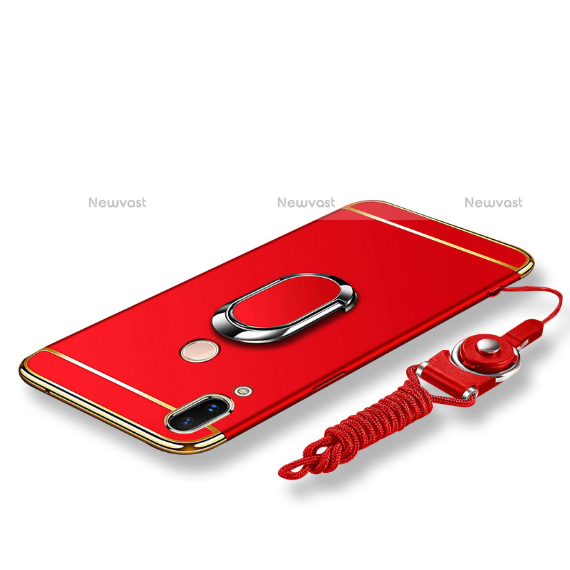 Luxury Metal Frame and Plastic Back Cover with Finger Ring Stand and Lanyard for Huawei Nova 3e Red