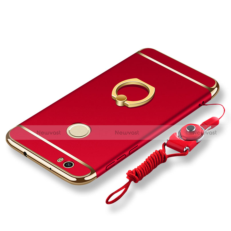 Luxury Metal Frame and Plastic Back Cover with Finger Ring Stand and Lanyard for Huawei Nova Red