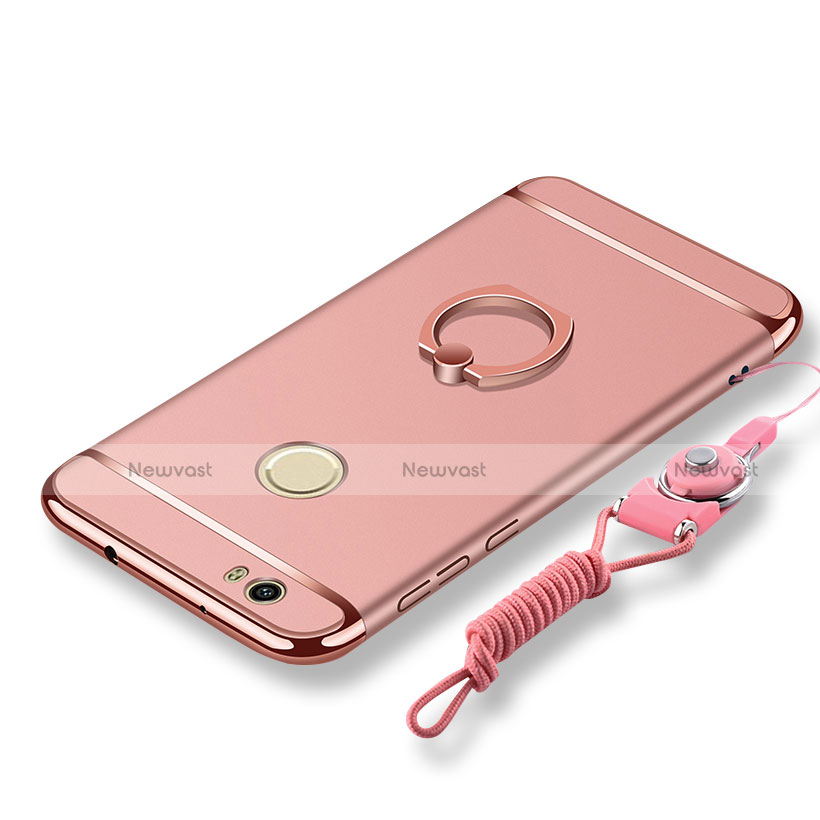 Luxury Metal Frame and Plastic Back Cover with Finger Ring Stand and Lanyard for Huawei Nova Rose Gold