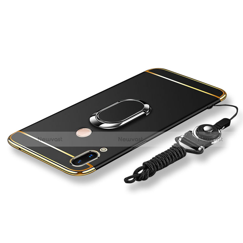 Luxury Metal Frame and Plastic Back Cover with Finger Ring Stand and Lanyard for Huawei P20 Lite Black