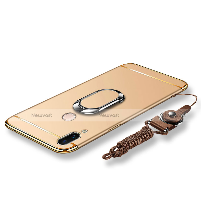 Luxury Metal Frame and Plastic Back Cover with Finger Ring Stand and Lanyard for Huawei P20 Lite Gold