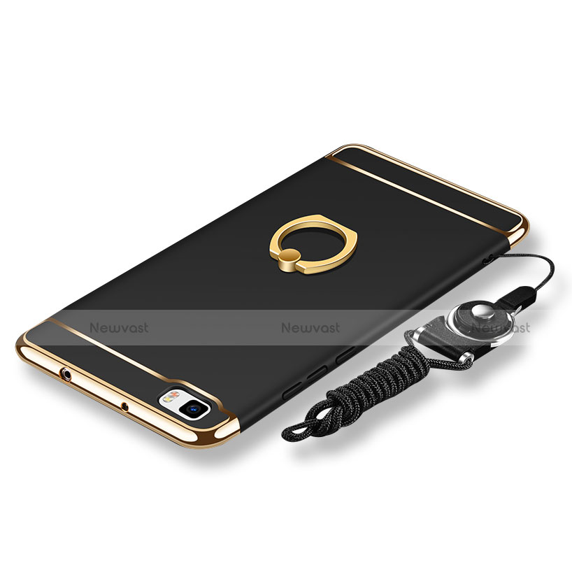 Luxury Metal Frame and Plastic Back Cover with Finger Ring Stand and Lanyard for Huawei P8 Lite Black