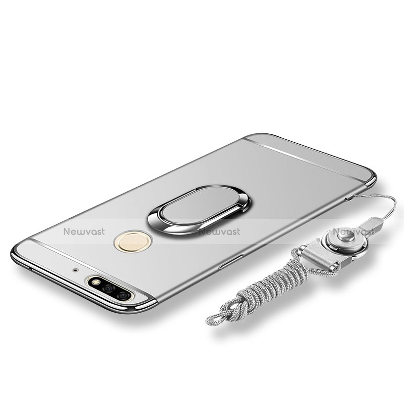 Luxury Metal Frame and Plastic Back Cover with Finger Ring Stand and Lanyard for Huawei Y7 (2018) Silver