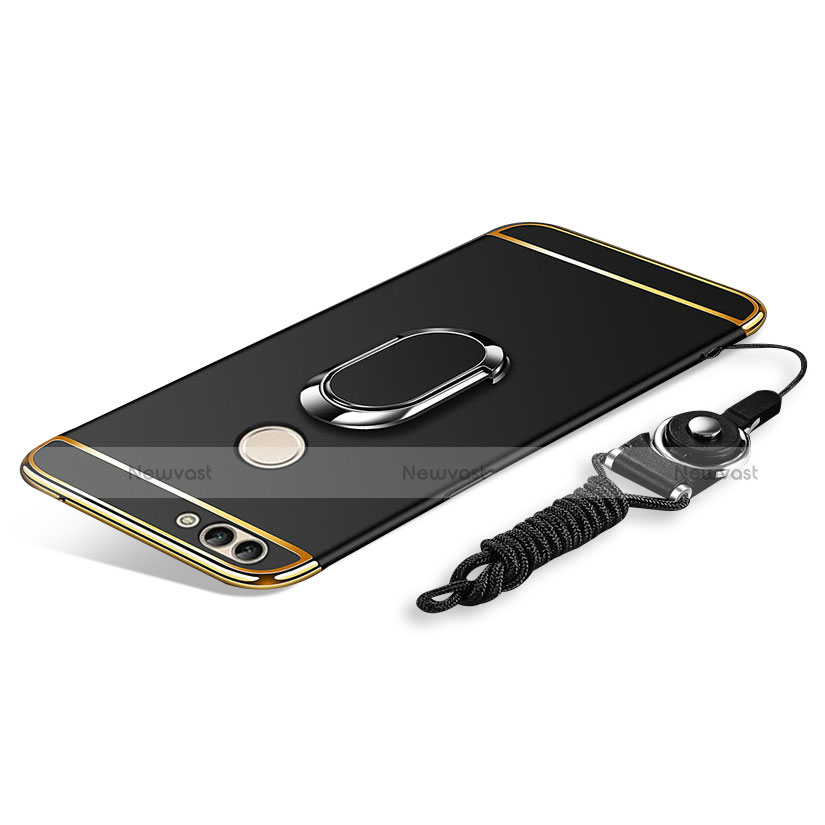 Luxury Metal Frame and Plastic Back Cover with Finger Ring Stand and Lanyard for Huawei Y9 (2018) Black