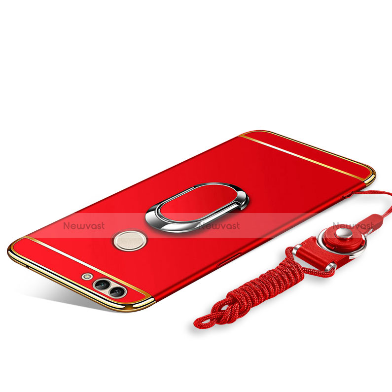 Luxury Metal Frame and Plastic Back Cover with Finger Ring Stand and Lanyard for Huawei Y9 (2018) Red