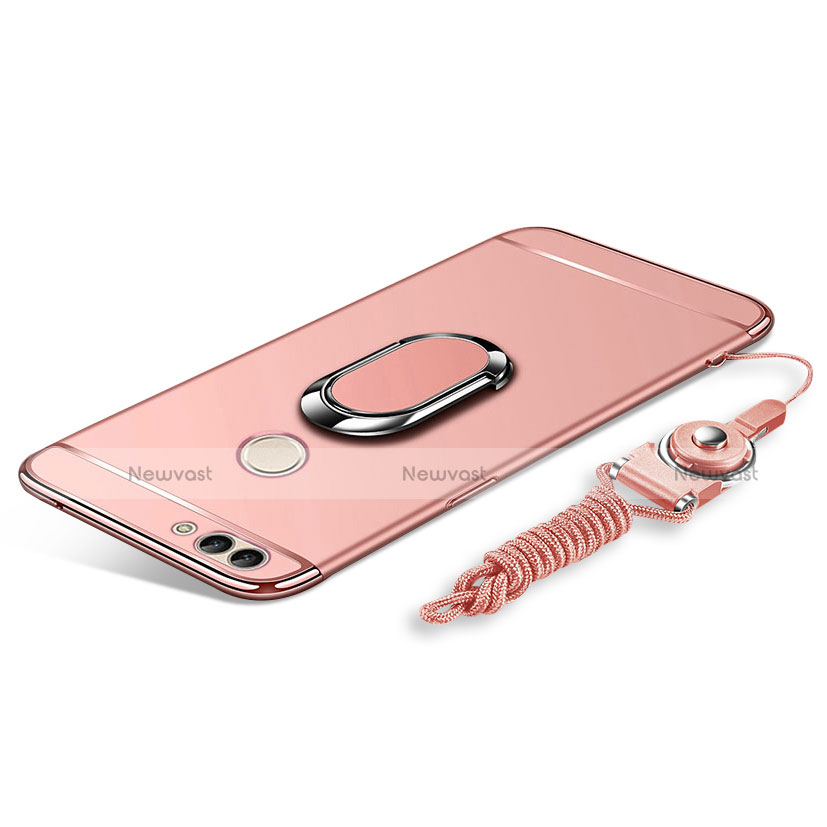 Luxury Metal Frame and Plastic Back Cover with Finger Ring Stand and Lanyard for Huawei Y9 (2018) Rose Gold